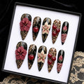 Leopard Cherry Press On Nails | Gothic Floral Stiletto Nails | Hibiscus, Lily, Rose, Cherry & Animal Print Nail | 3D Nail Art