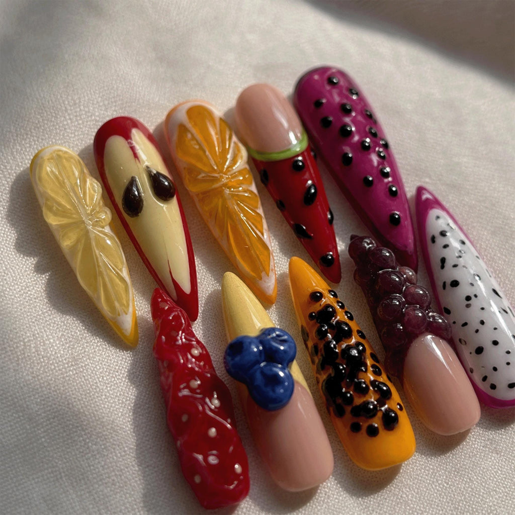 3D Fruit Kawaii Press On Nails, Handmade Strawberry Lemon Grape Nail Designs, Cute Summer Nails