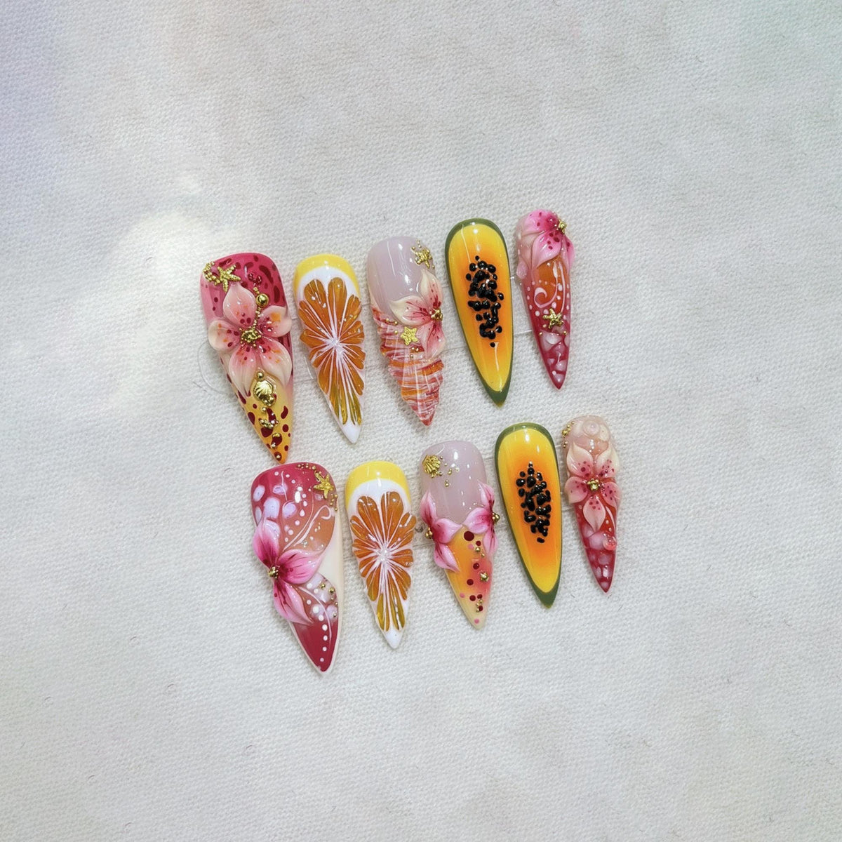 Tropical Fruit Press On Nails, Handmade 3D Flower Nails, Summer Nail Designs, Vacation Nail Art