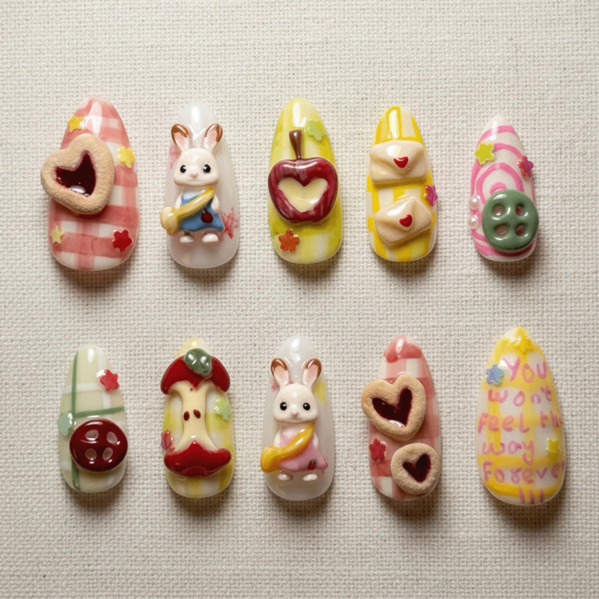 3D Bunny Kawaii Press On Nails, Handmade Dessert Cottagecore Nails, Cute Pastel Gingham Nail Designs