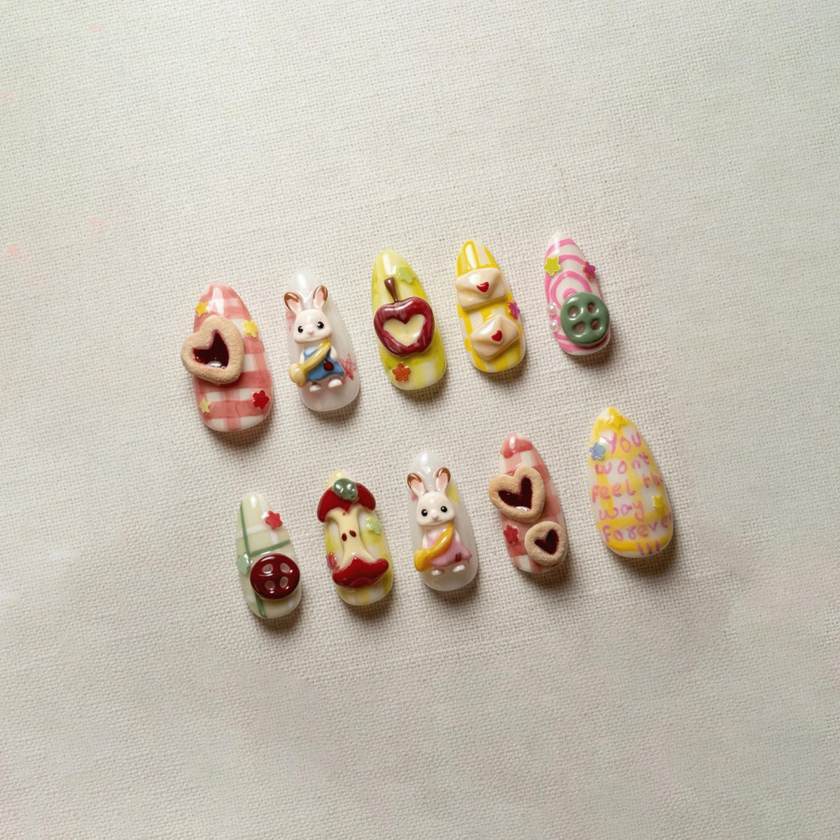 3D Bunny Kawaii Press On Nails, Handmade Dessert Cottagecore Nails, Cute Pastel Gingham Nail Designs