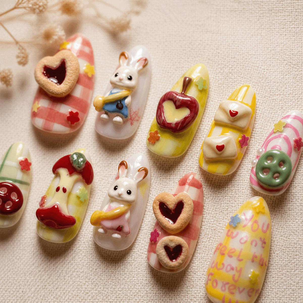 3D Bunny Kawaii Press On Nails, Handmade Dessert Cottagecore Nails, Cute Pastel Gingham Nail Designs