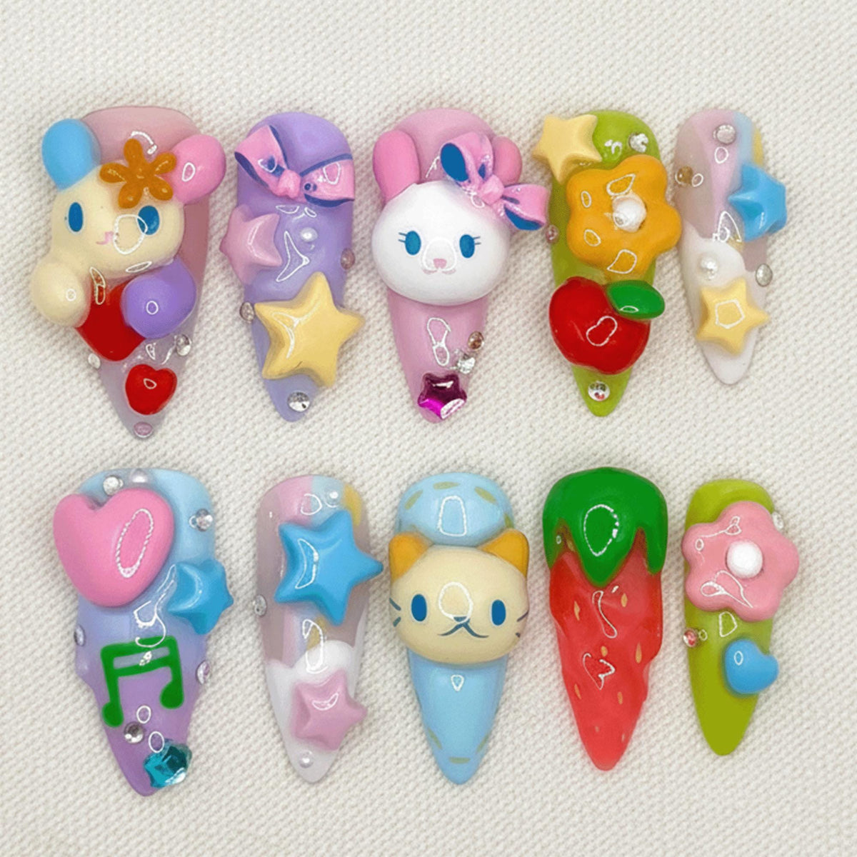3D Cute Kawaii Press On Nails, Handmade Cartoon Character Nails, Pastel Bunny Cat Nails, Gift For Her