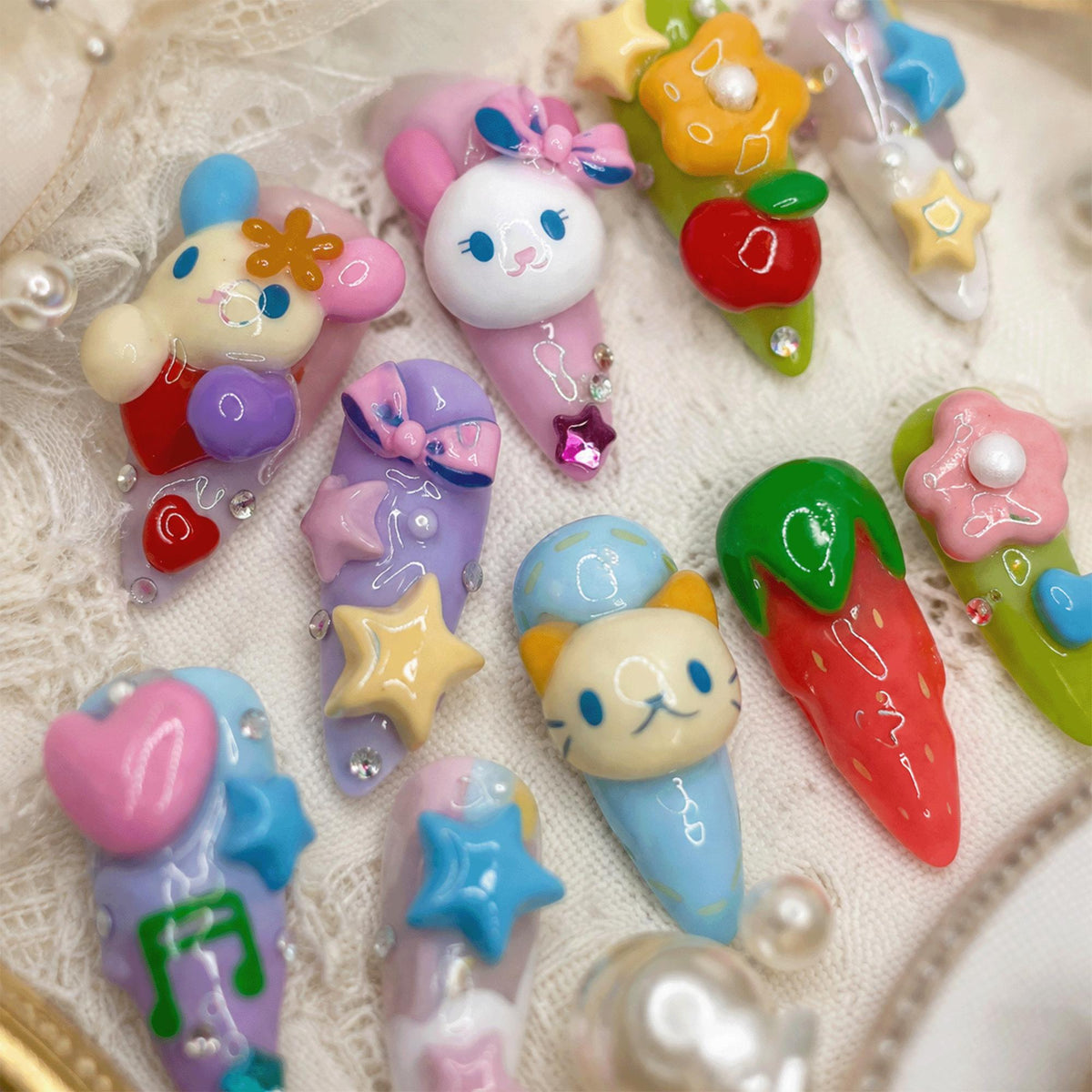 3D Cute Kawaii Press On Nails, Handmade Cartoon Character Nails, Pastel Bunny Cat Nails, Gift For Her