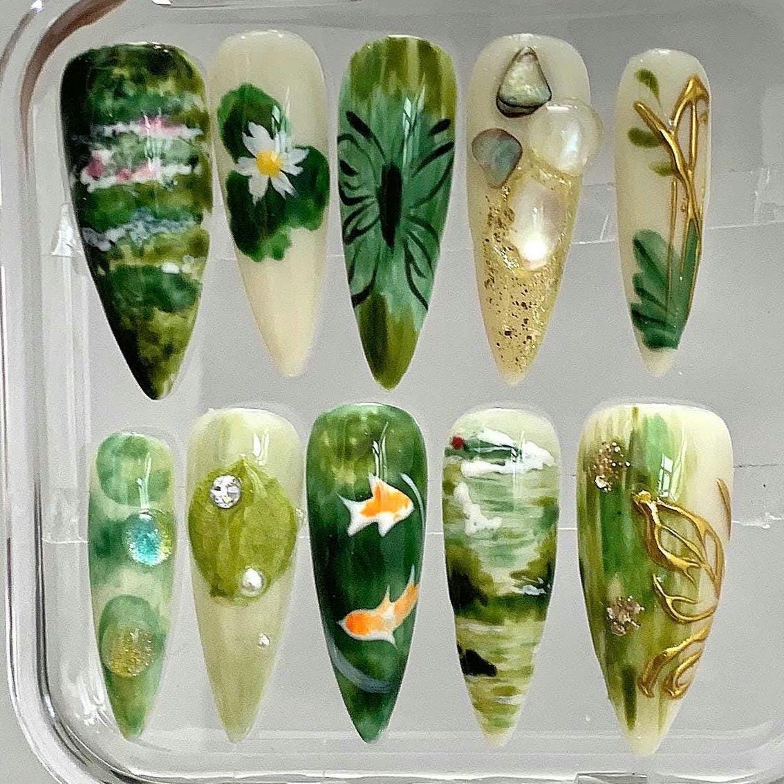 Hand Painted Press On Nails - Green Nature, Koi Fish, Lotus Pond - Custom False Nails