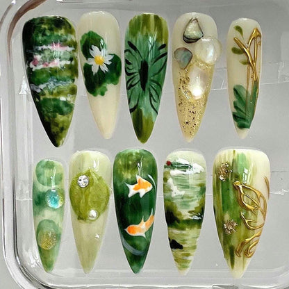 Hand Painted Press On Nails - Green Nature, Koi Fish, Lotus Pond - Custom False Nails