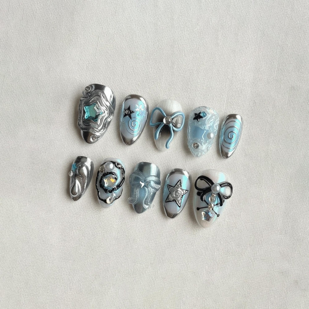 Blue Chrome Star Press On Nails, Cyber Y2K Nails, Silver Swirl Bow Nails, Kawaii Gel Nails, Handmade Reusable Nails