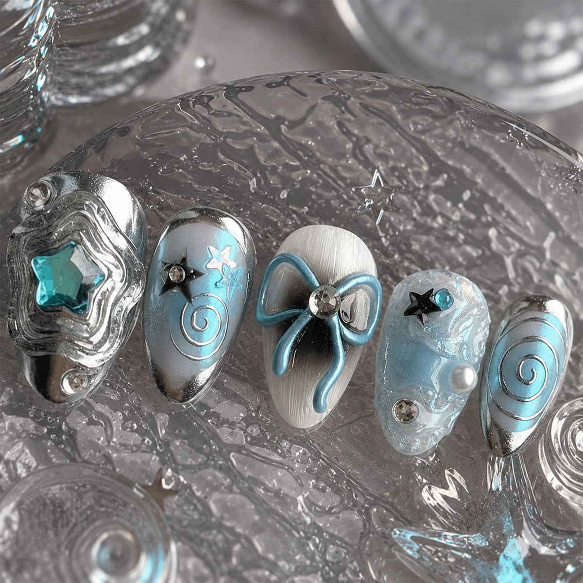 Blue Chrome Star Press On Nails, Cyber Y2K Nails, Silver Swirl Bow Nails, Kawaii Gel Nails, Handmade Reusable Nails