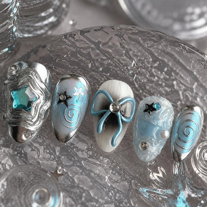 Blue Chrome Star Press On Nails, Cyber Y2K Nails, Silver Swirl Bow Nails, Kawaii Gel Nails, Handmade Reusable Nails