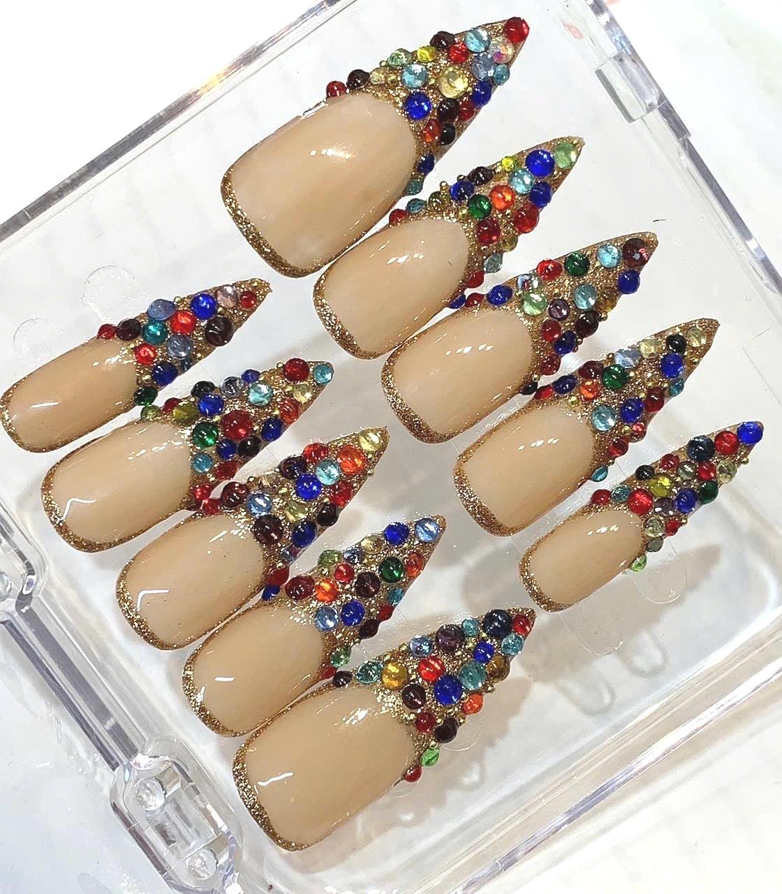 Luxury Rhinestone Press On Nails | Nude Gold Glitter French Tip with Colorful Gems | Glam Stiletto Nails | Handmade Statement Nail Set Gift
