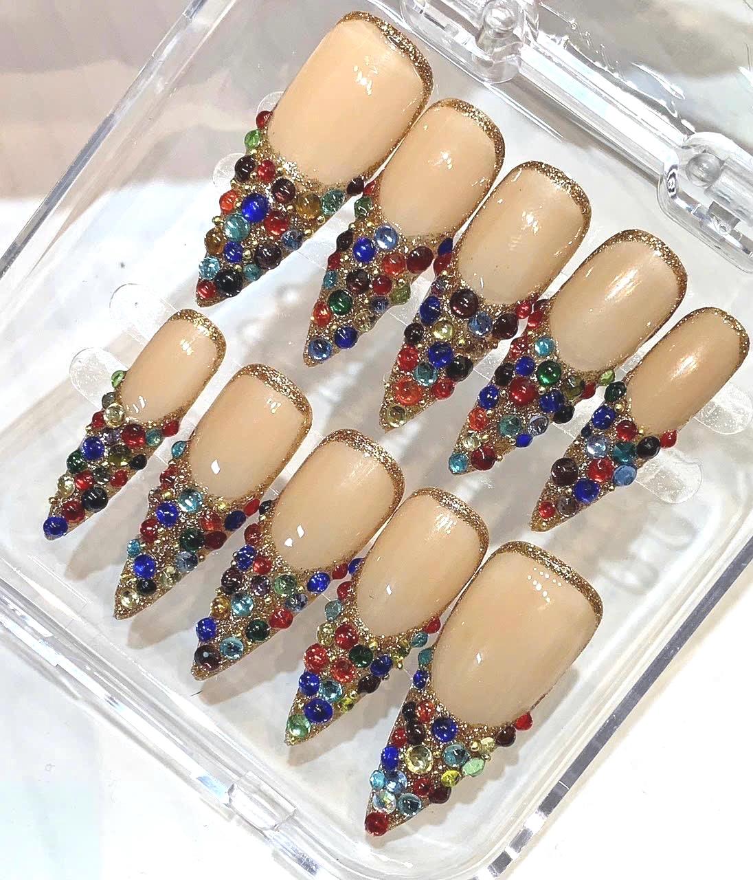 Luxury Rhinestone Press On Nails | Nude Gold Glitter French Tip with Colorful Gems | Glam Stiletto Nails | Handmade Statement Nail Set Gift