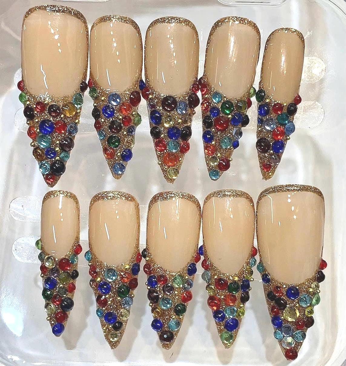 Luxury Rhinestone Press On Nails | Nude Gold Glitter French Tip with Colorful Gems | Glam Stiletto Nails | Handmade Statement Nail Set Gift