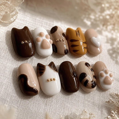 Kawaii Cat Press On Nails, Paw Print Nails, 3D Kitty Nails, Cute Animal Nails, Handmade Gel Press On Set