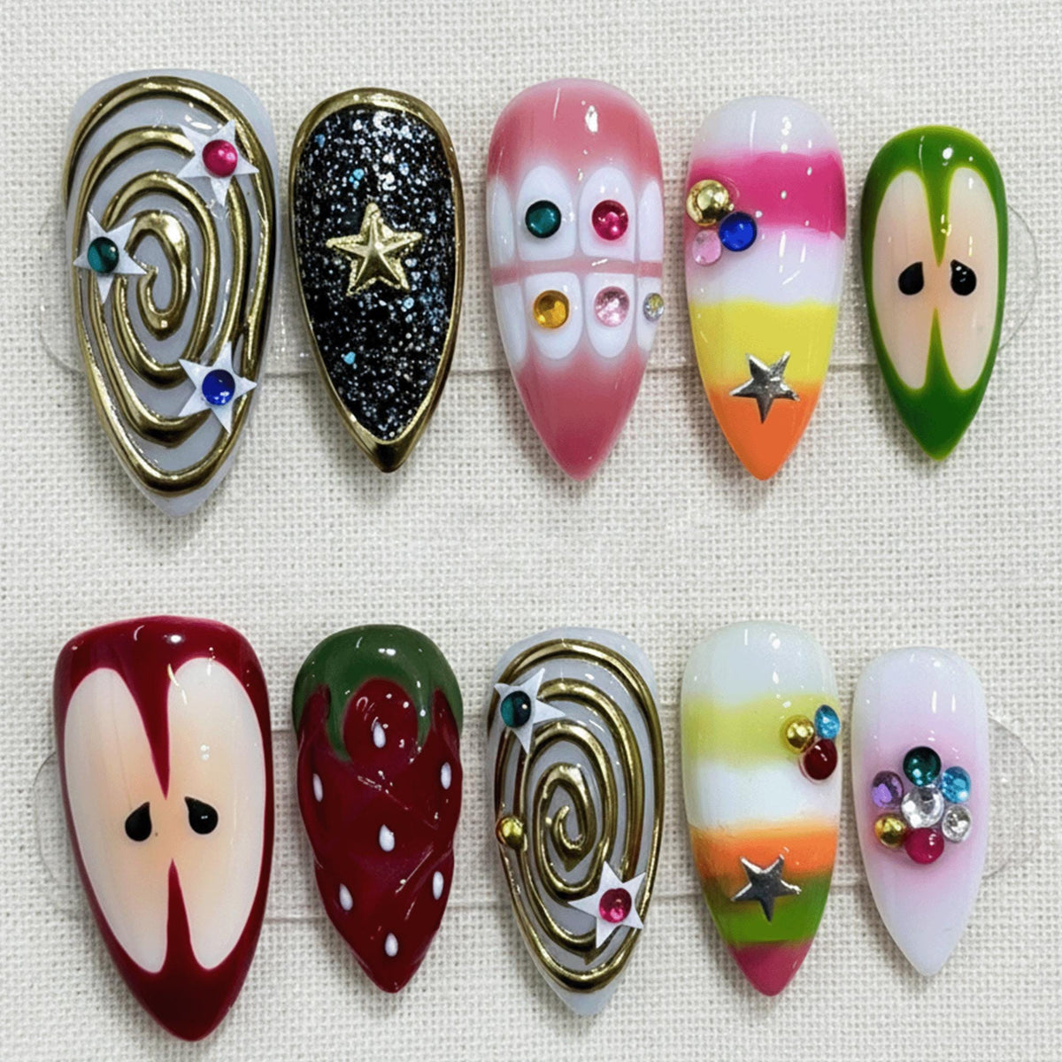 Kawaii Retro Press On Nails, 3D Pop Art Nails, Handmade Funky Cyber Nails, Cute Y2K Nail Set