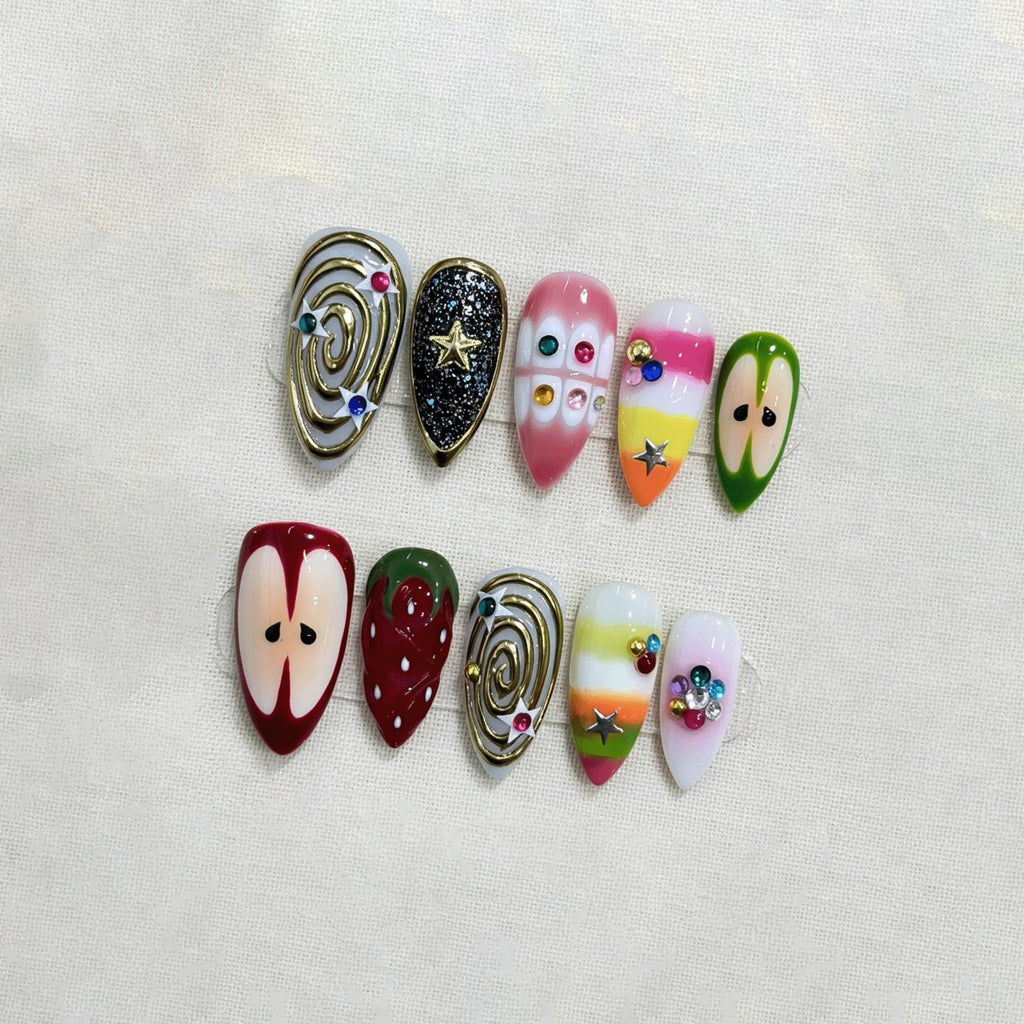 Kawaii Retro Press On Nails, 3D Pop Art Nails, Handmade Funky Cyber Nails, Cute Y2K Nail Set