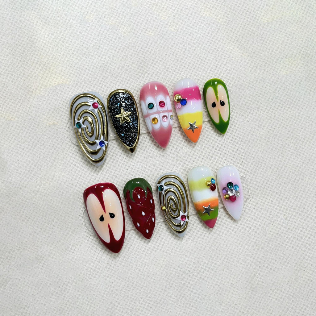 Kawaii Retro Press On Nails, 3D Pop Art Nails, Handmade Funky Cyber Nails, Cute Y2K Nail Set