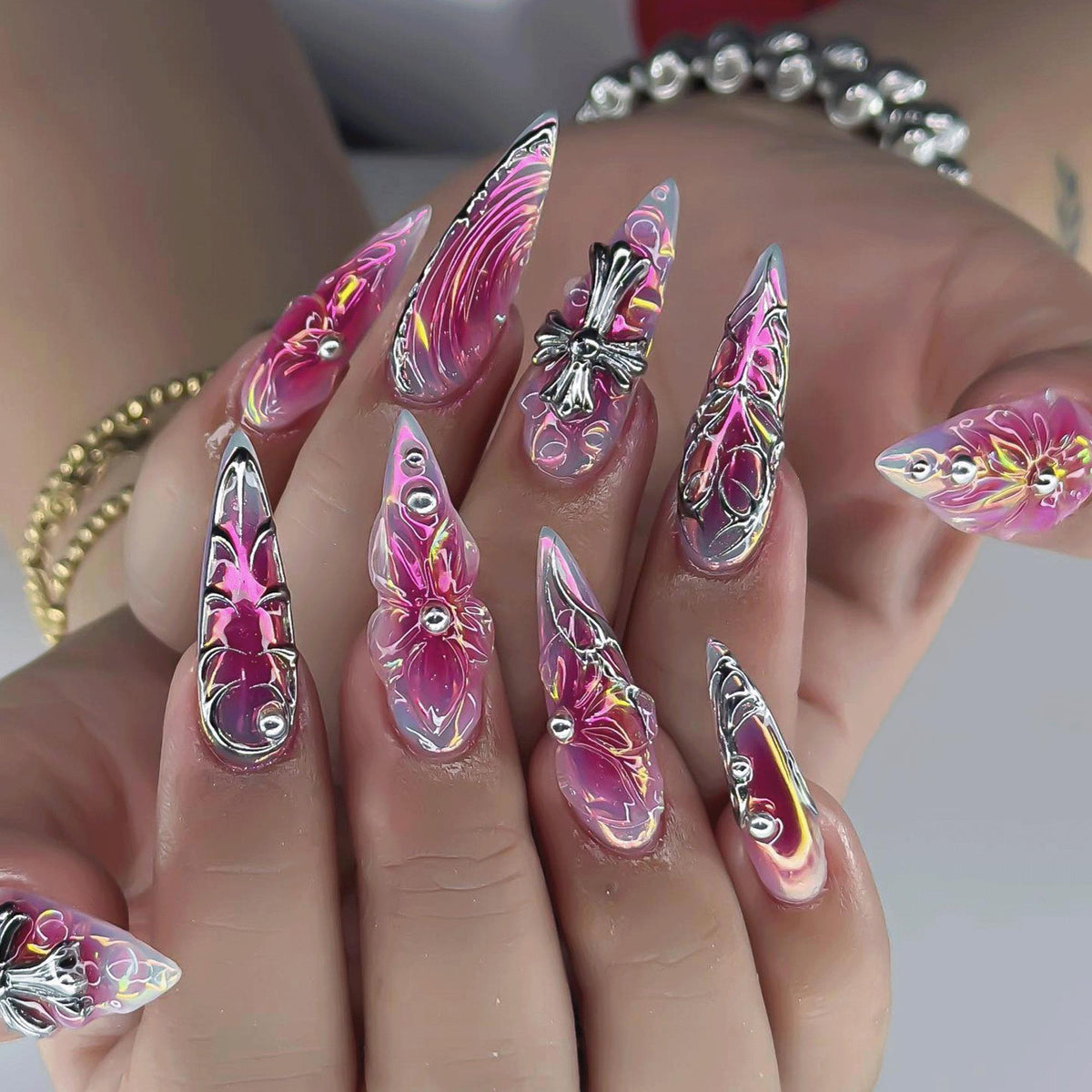 Gothic Cross Chrome Press On Nails, Pink Purple Aura Nails, 3D Floral Cyber Nails, Luxury Stiletto Handmade Nails