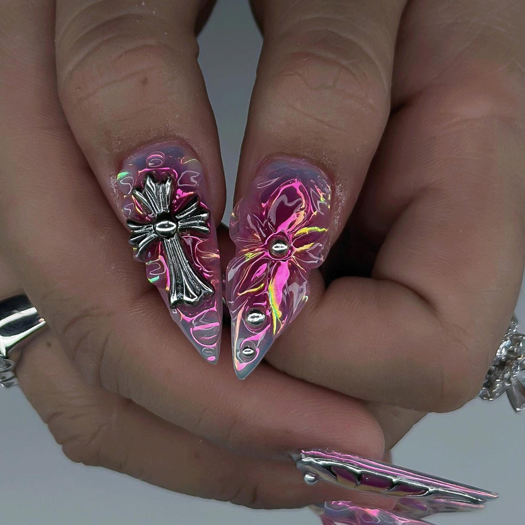 Gothic Cross Chrome Press On Nails, Pink Purple Aura Nails, 3D Floral Cyber Nails, Luxury Stiletto Handmade Nails