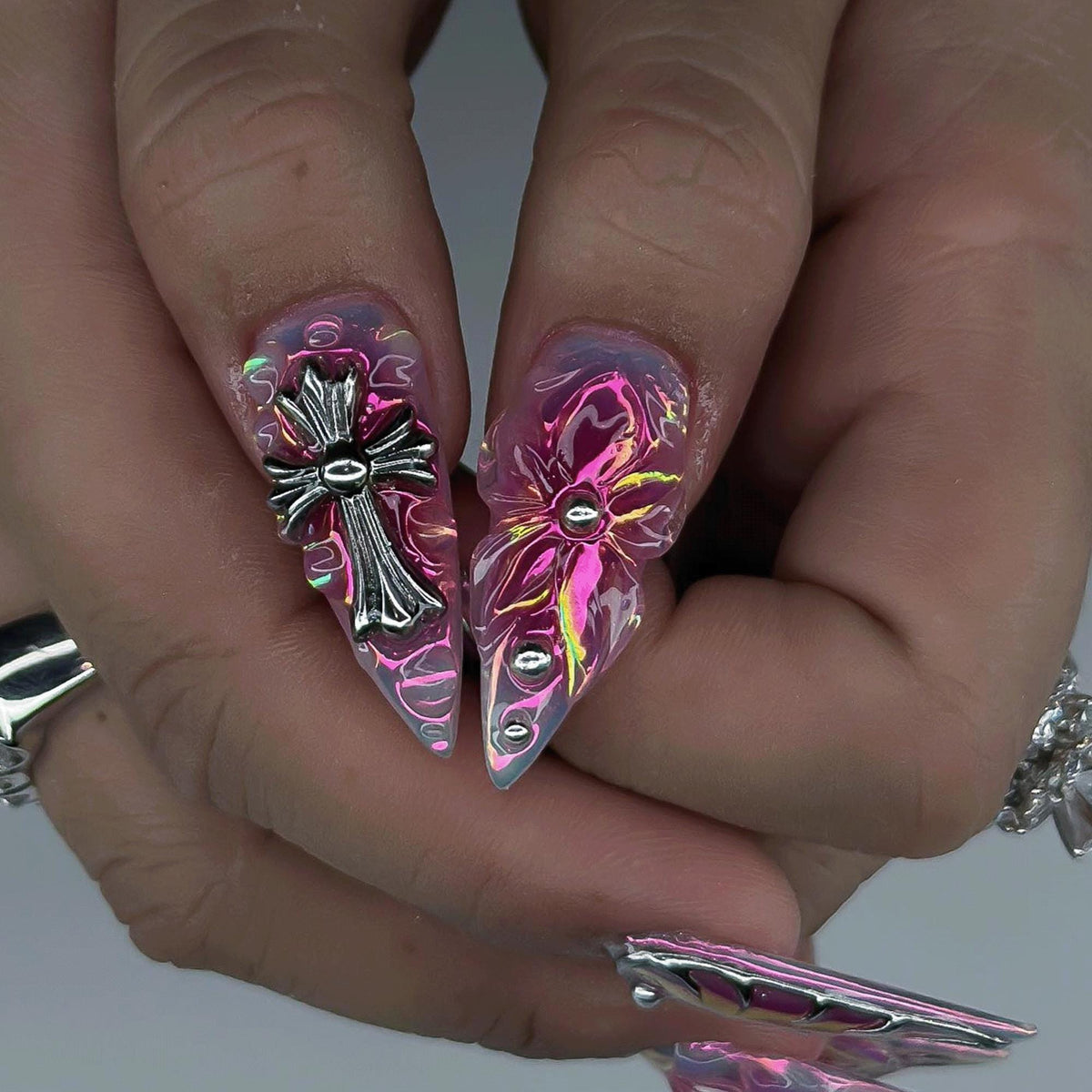 Gothic Cross Chrome Press On Nails, Pink Purple Aura Nails, 3D Floral Cyber Nails, Luxury Stiletto Handmade Nails