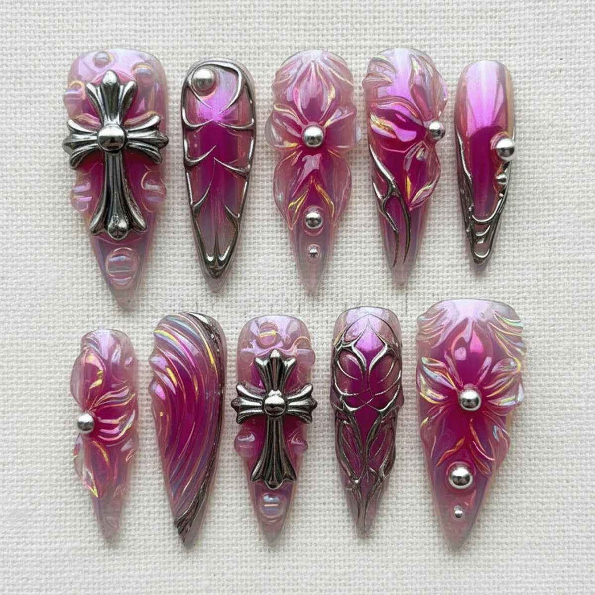 Gothic Cross Chrome Press On Nails, Pink Purple Aura Nails, 3D Floral Cyber Nails, Luxury Stiletto Handmade Nails