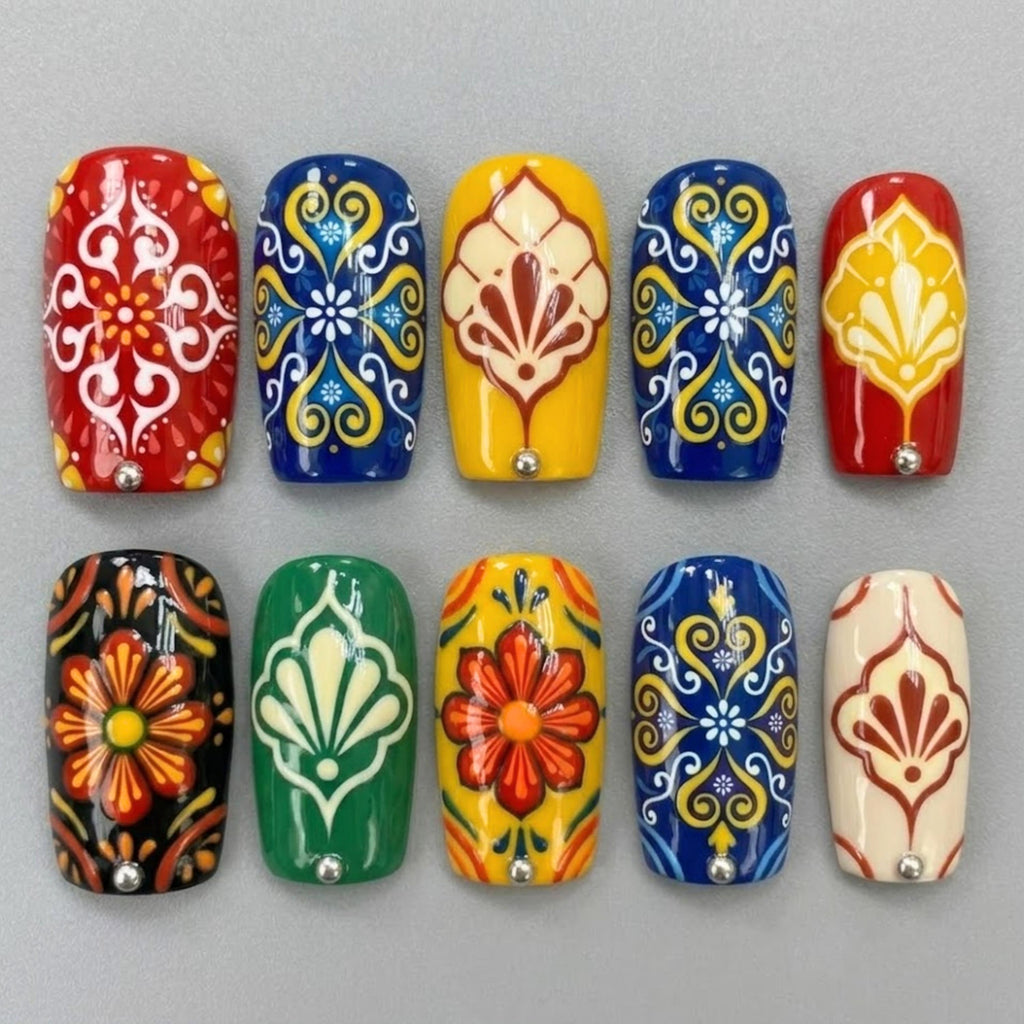 Talavera Tile Press On Nails | Boho Short Square Nails | Colorful Floral Folk Pattern Nail Art | Glossy Mediterranean Nails