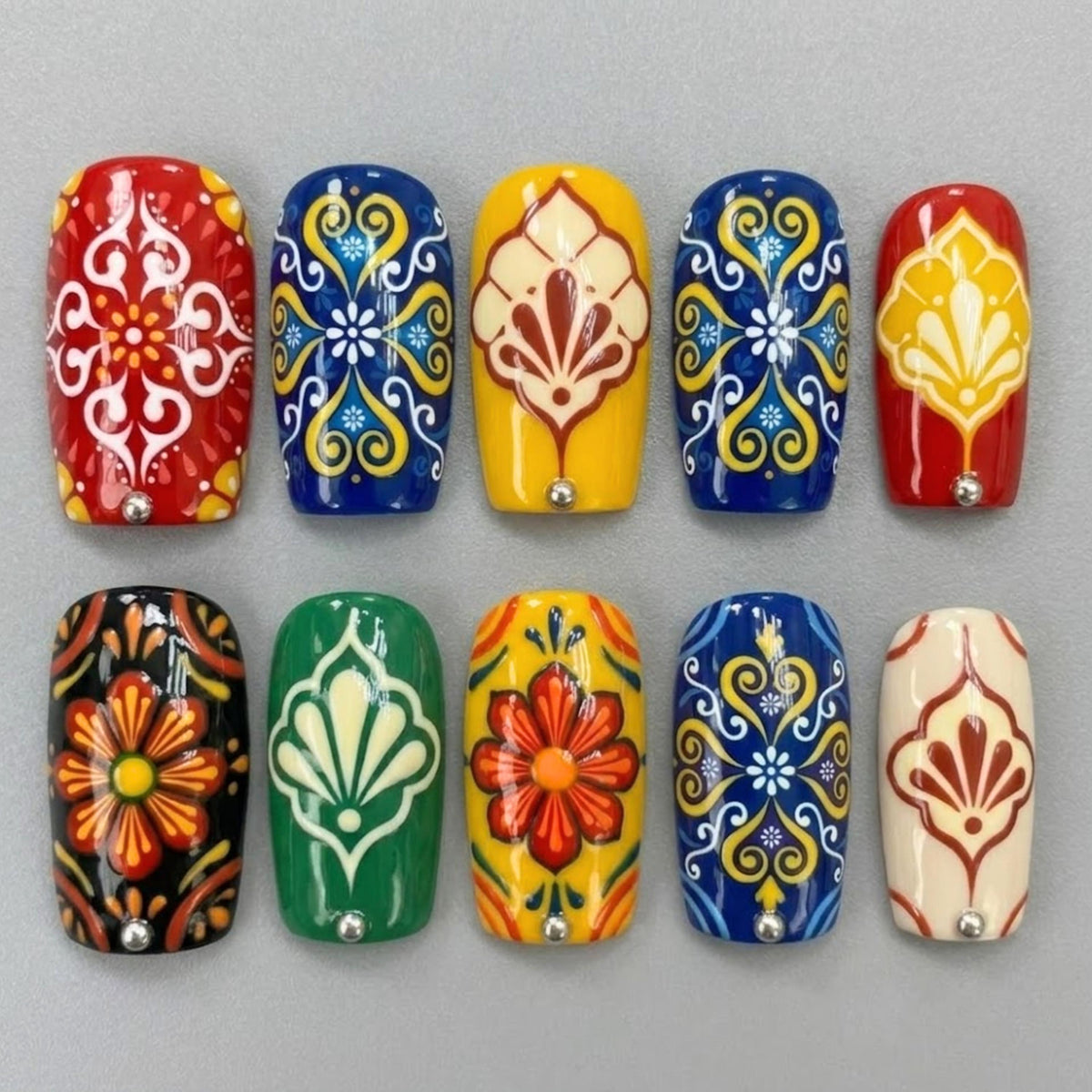 Talavera Tile Press On Nails | Boho Short Square Nails | Colorful Floral Folk Pattern Nail Art | Glossy Mediterranean Nails