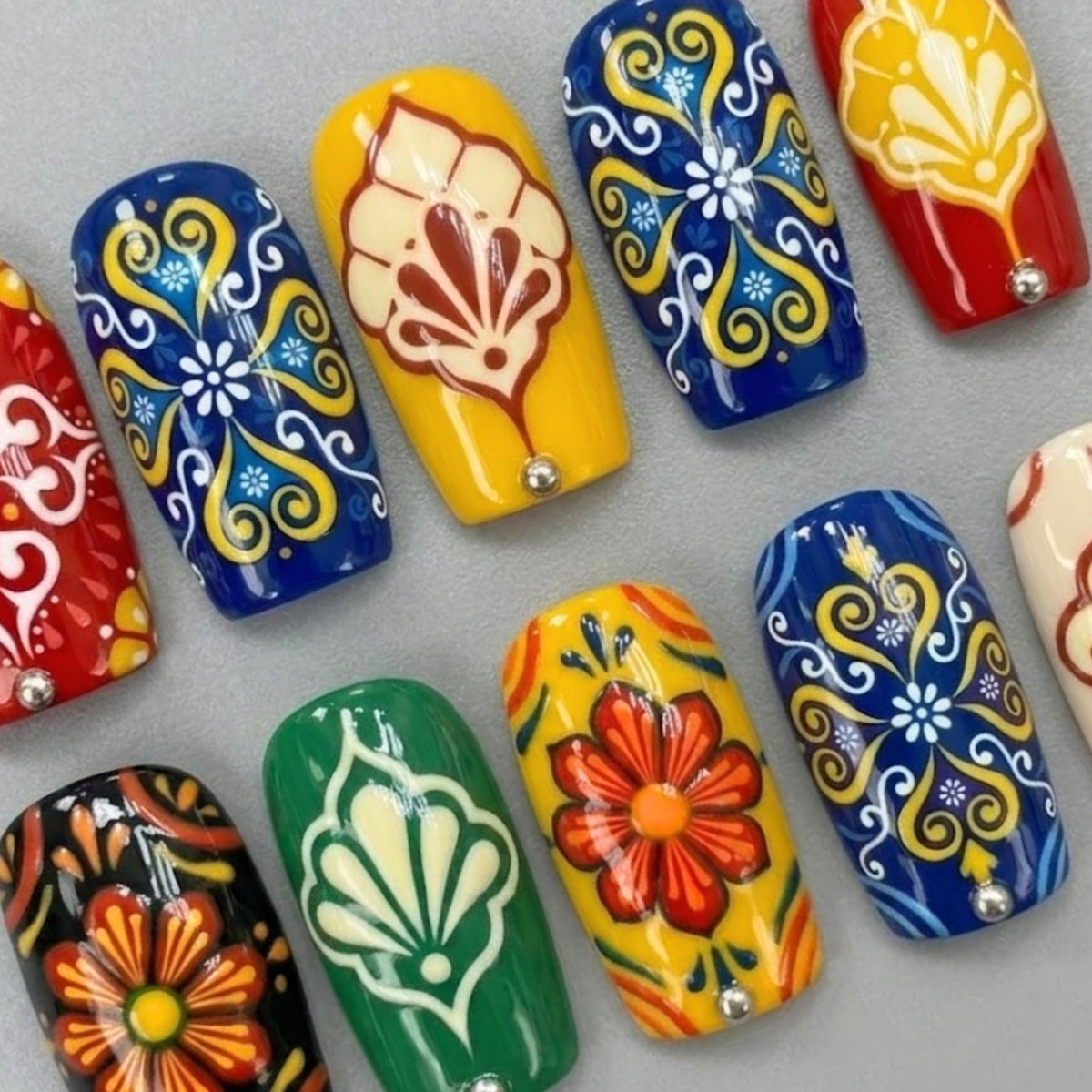 Talavera Tile Press On Nails | Boho Short Square Nails | Colorful Floral Folk Pattern Nail Art | Glossy Mediterranean Nails