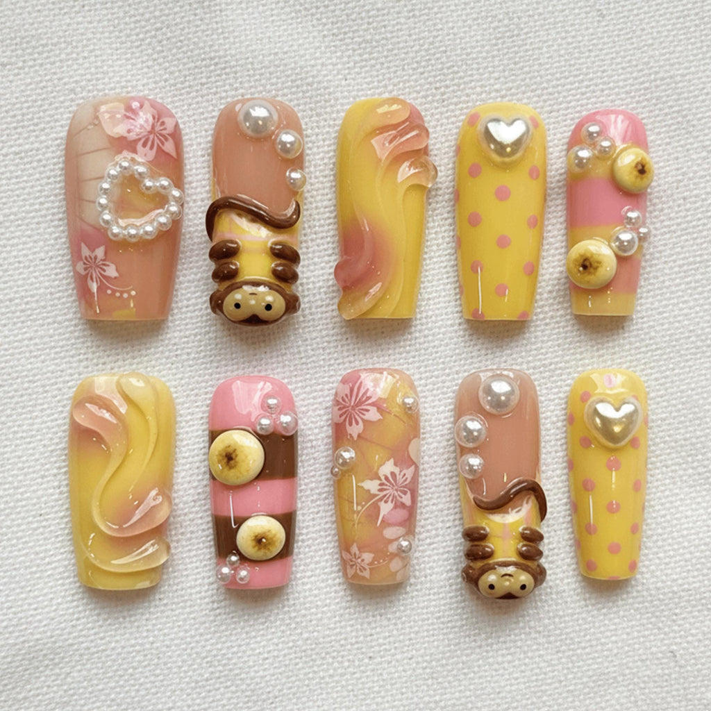 3D Monkey Kawaii Press On Nails, Yellow Animal Summer Nails, Handmade Cute Banana Fake Nails