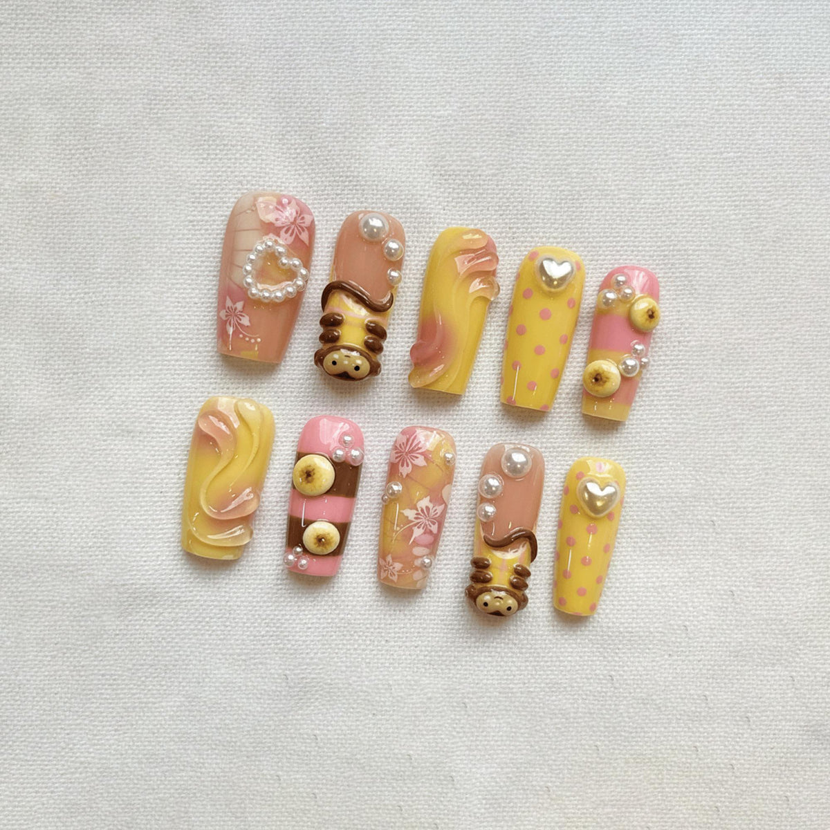 3D Monkey Kawaii Press On Nails, Yellow Animal Summer Nails, Handmade Cute Banana Fake Nails