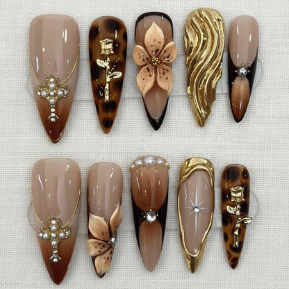 Gothic Brown Press On Nails, Luxury Elegant Tortoiseshell Nails, Handmade Gold Chrome Cross Nails, Prom Nails