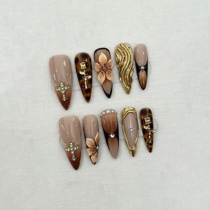 Gothic Brown Press On Nails, Luxury Elegant Tortoiseshell Nails, Handmade Gold Chrome Cross Nails, Prom Nails