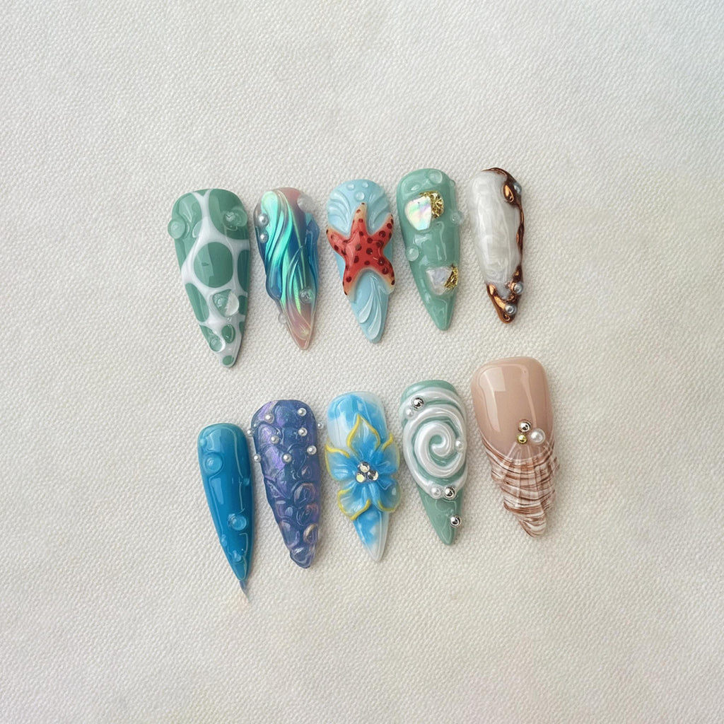 Mermaid Ocean Press On Nails, 3D Starfish Shell Nails, Handmade Beach Blue Summer Nails, Chrome Pearl Nail Set, Vacation Nail Designs