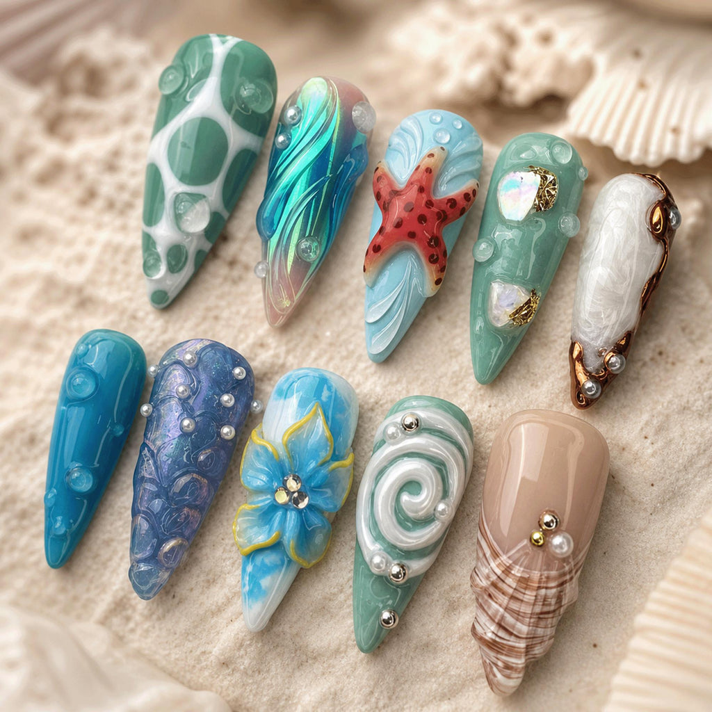 Mermaid Ocean Press On Nails, 3D Starfish Shell Nails, Handmade Beach Blue Summer Nails, Chrome Pearl Nail Set, Vacation Nail Designs