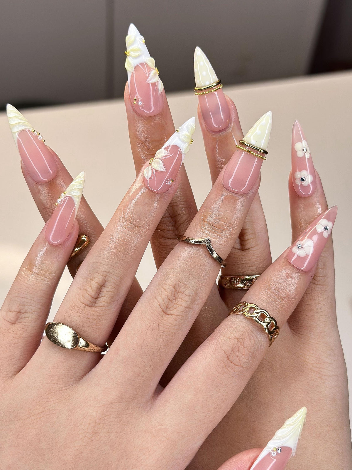 3D Butter-Cream Floral Nails | Polka Dot & Shell French Press Ons | Luxury Vintage Cream Stiletto Art | Coquette Nails | JB381IC