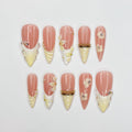 3D Butter-Cream Floral Nails | Polka Dot & Shell French Press Ons | Luxury Vintage Cream Stiletto Art | Coquette Nails | JB381IC