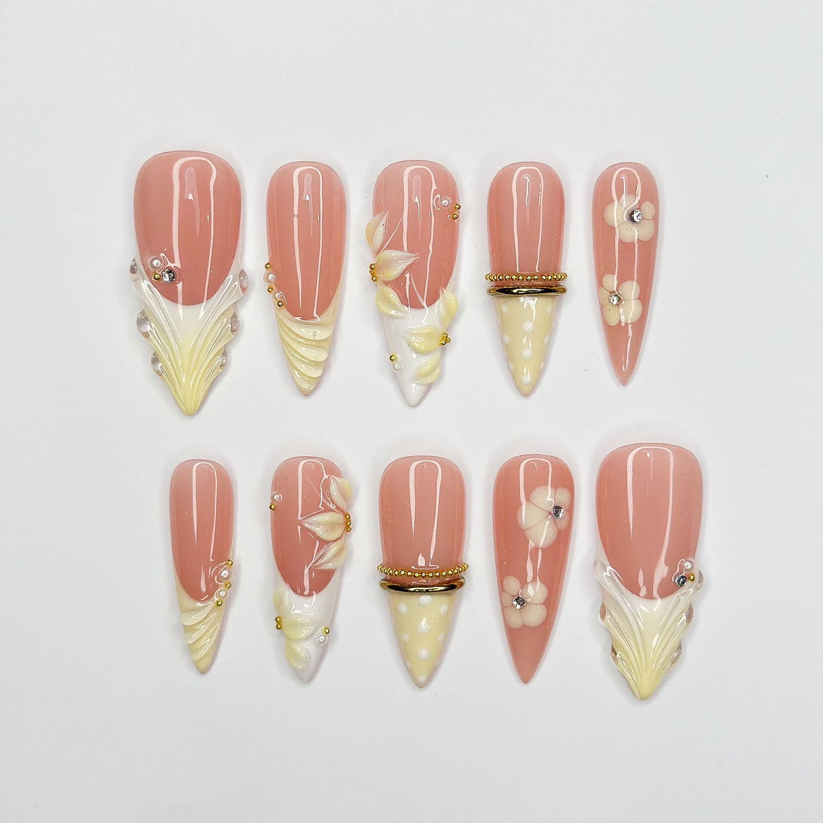 3D Butter-Cream Floral Nails | Polka Dot & Shell French Press Ons | Luxury Vintage Cream Stiletto Art | Coquette Nails | JB381IC