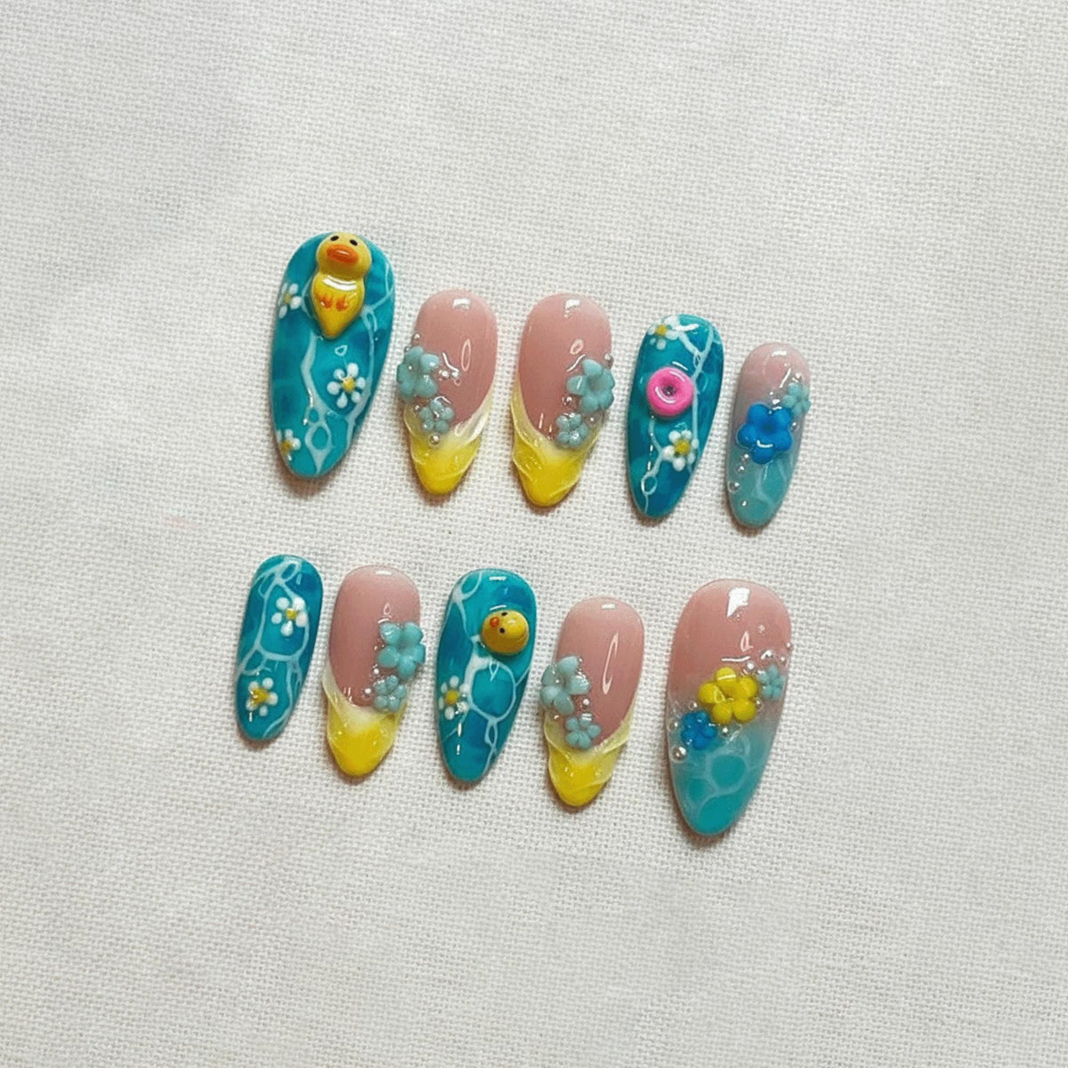 Kawaii Summer Press On Nails, Handmade 3D Duck Nails, Cute Blue Beach Nails, Reusable Nails
