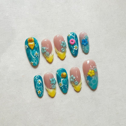 Kawaii Summer Press On Nails, Handmade 3D Duck Nails, Cute Blue Beach Nails, Reusable Nails