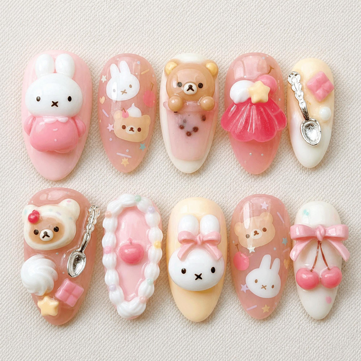Kawaii 3D Bunny Press On Nails, Cute Pastel Bear Coquette Nails, Handmade Pink Dessert Nails, Sweet Japanese Nail Art