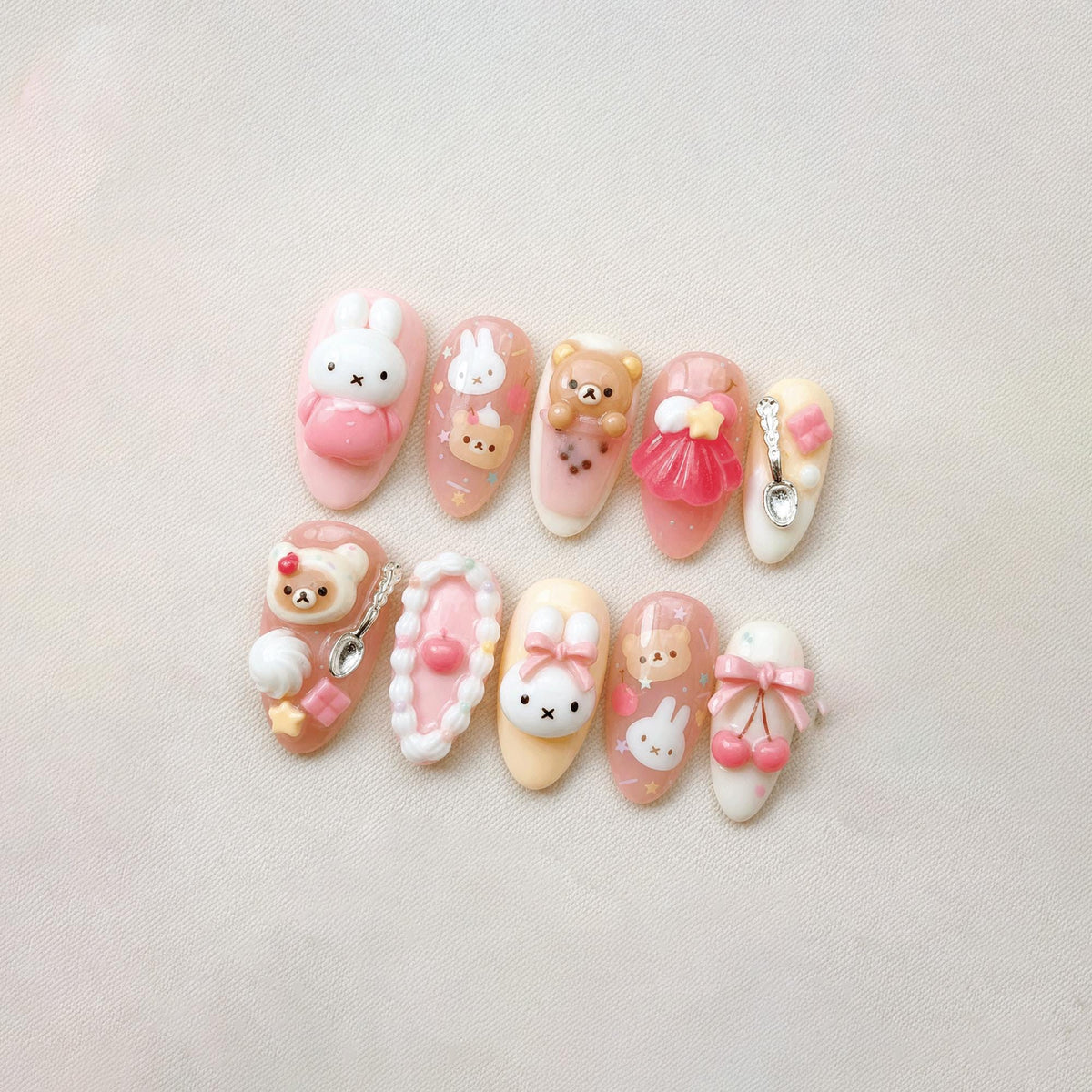 Kawaii 3D Bunny Press On Nails, Cute Pastel Bear Coquette Nails, Handmade Pink Dessert Nails, Sweet Japanese Nail Art
