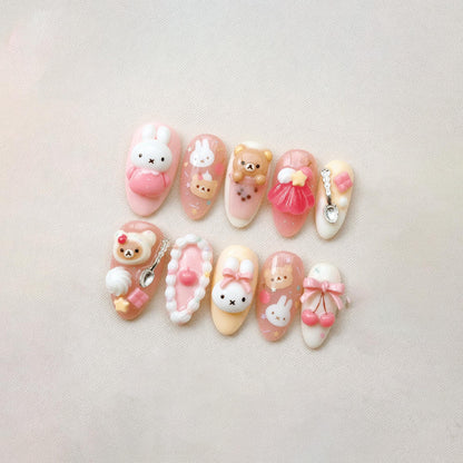 Kawaii 3D Bunny Press On Nails, Cute Pastel Bear Coquette Nails, Handmade Pink Dessert Nails, Sweet Japanese Nail Art