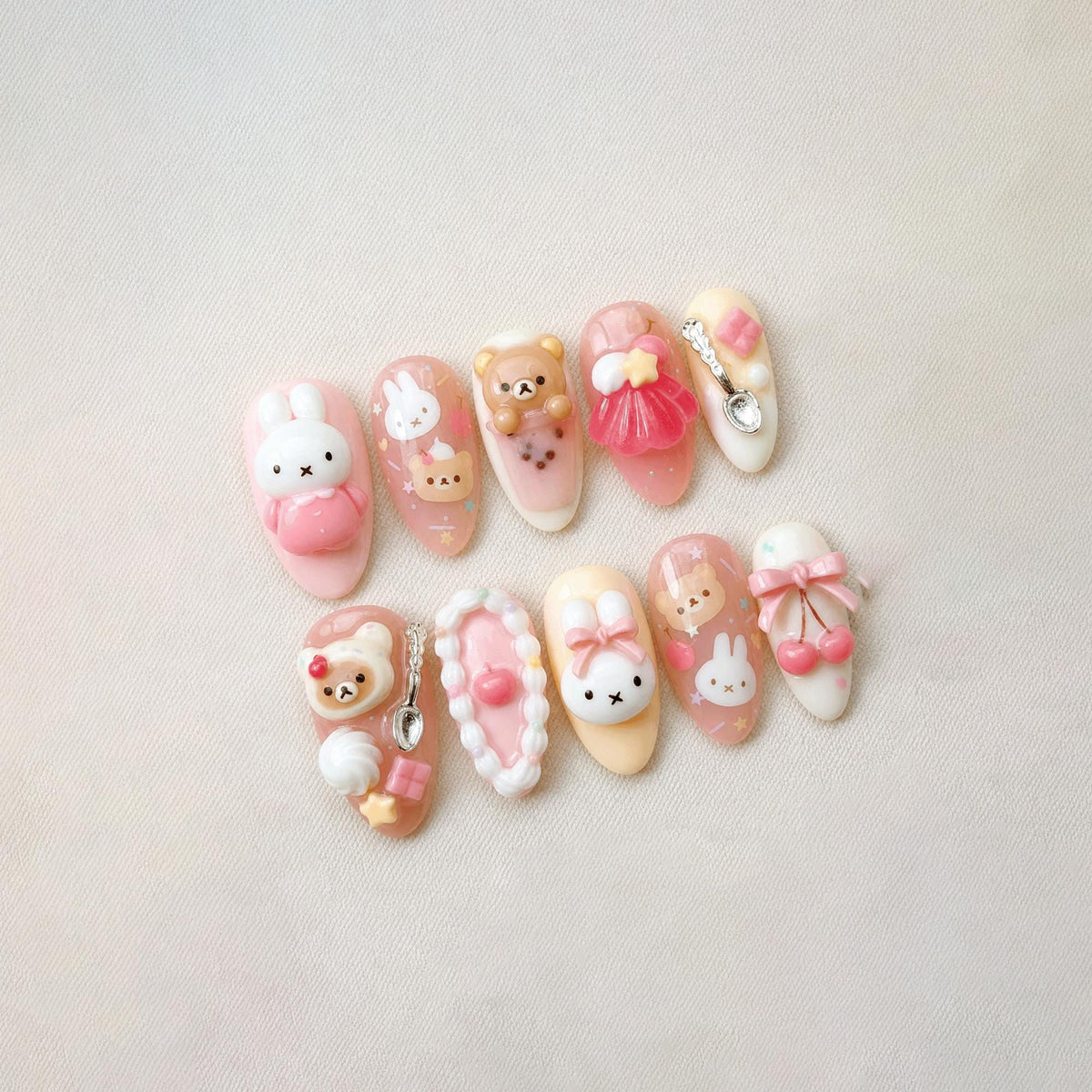 Kawaii 3D Bunny Press On Nails, Cute Pastel Bear Coquette Nails, Handmade Pink Dessert Nails, Sweet Japanese Nail Art