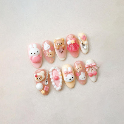 Kawaii 3D Bunny Press On Nails, Cute Pastel Bear Coquette Nails, Handmade Pink Dessert Nails, Sweet Japanese Nail Art