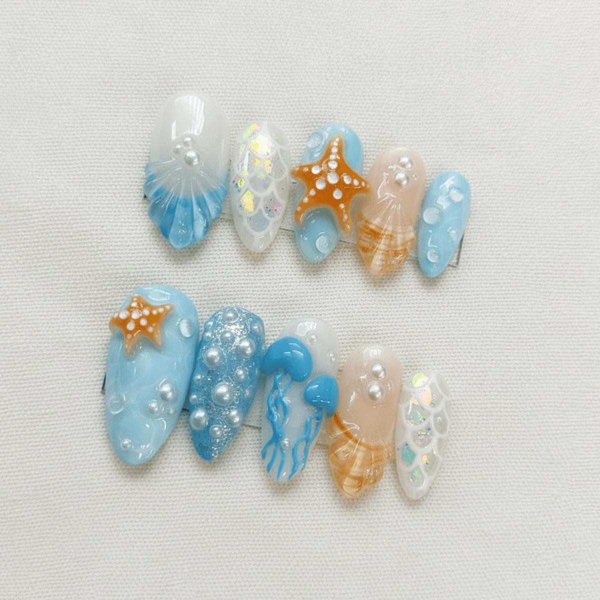 Beach Mermaid Press On Nails, 3D Starfish Shell Nails, Summer Ocean Nails, Handmade Jellyfish Pearl Nails, Vacation Nails Set