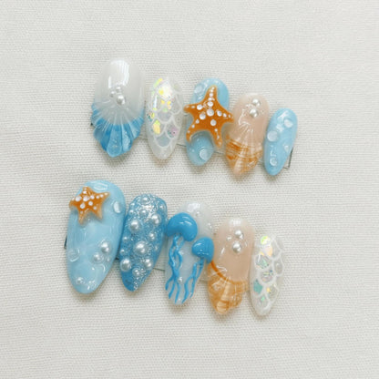 Beach Mermaid Press On Nails, 3D Starfish Shell Nails, Summer Ocean Nails, Handmade Jellyfish Pearl Nails, Vacation Nails Set