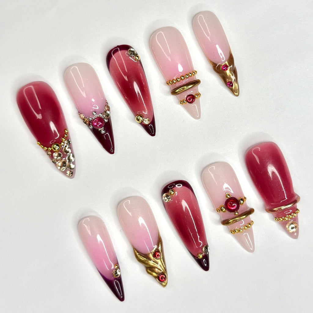 3D Gold Luxury Wine Red Press On Nails | Jelly Burgundy Ombre | Y2K Metallic Chrome Art | Statement Wedding Party | JB393DG