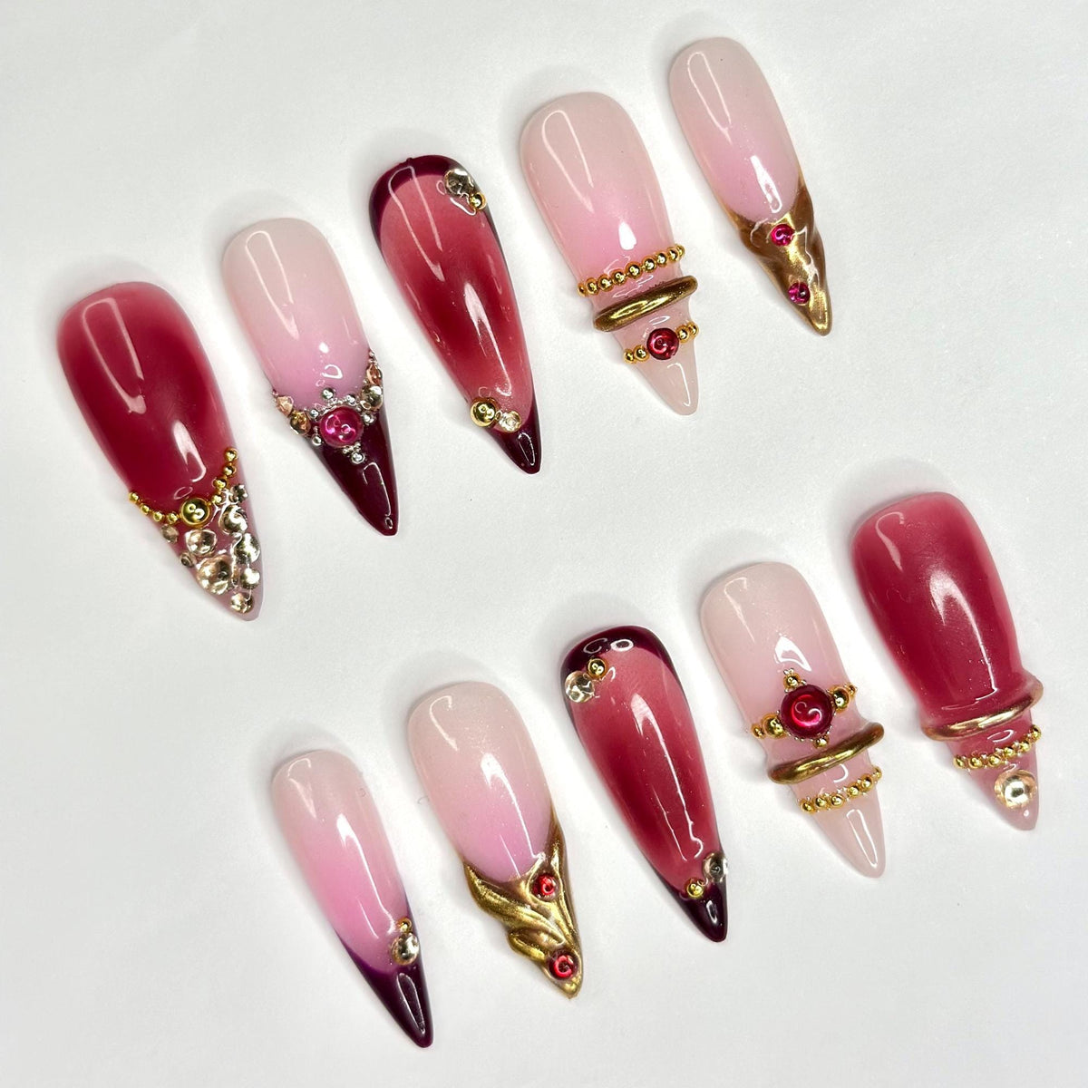 3D Gold Luxury Wine Red Press On Nails | Jelly Burgundy Ombre | Y2K Metallic Chrome Art | Statement Wedding Party | JB393DG