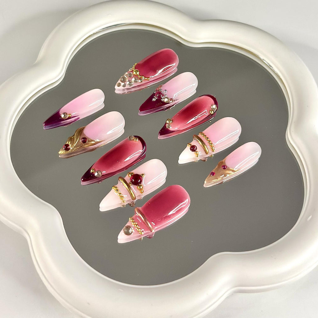 3D Gold Luxury Wine Red Press On Nails | Jelly Burgundy Ombre | Y2K Metallic Chrome Art | Statement Wedding Party | JB393DG