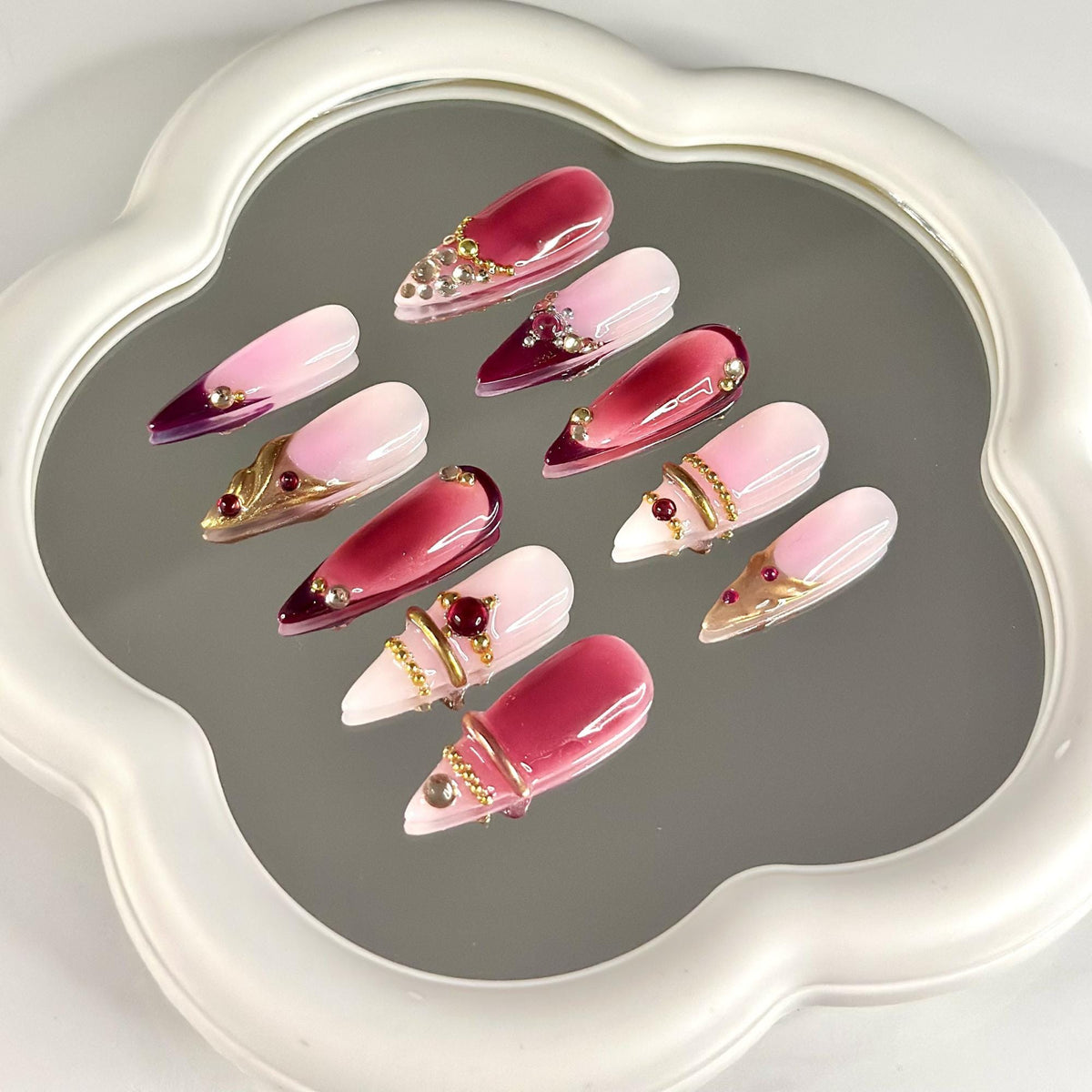 3D Gold Luxury Wine Red Press On Nails | Jelly Burgundy Ombre | Y2K Metallic Chrome Art | Statement Wedding Party | JB393DG