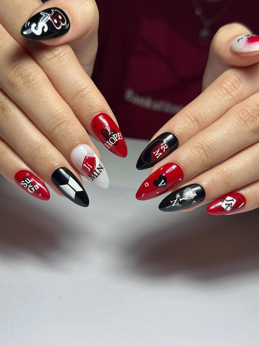 Red Black Kpop Press On Nails | Kpop Inspired Nail Art | Concert Aesthetic Almond Nails | Edgy Graphic Press Ons | Kpop Fan Nails | JB384HC
